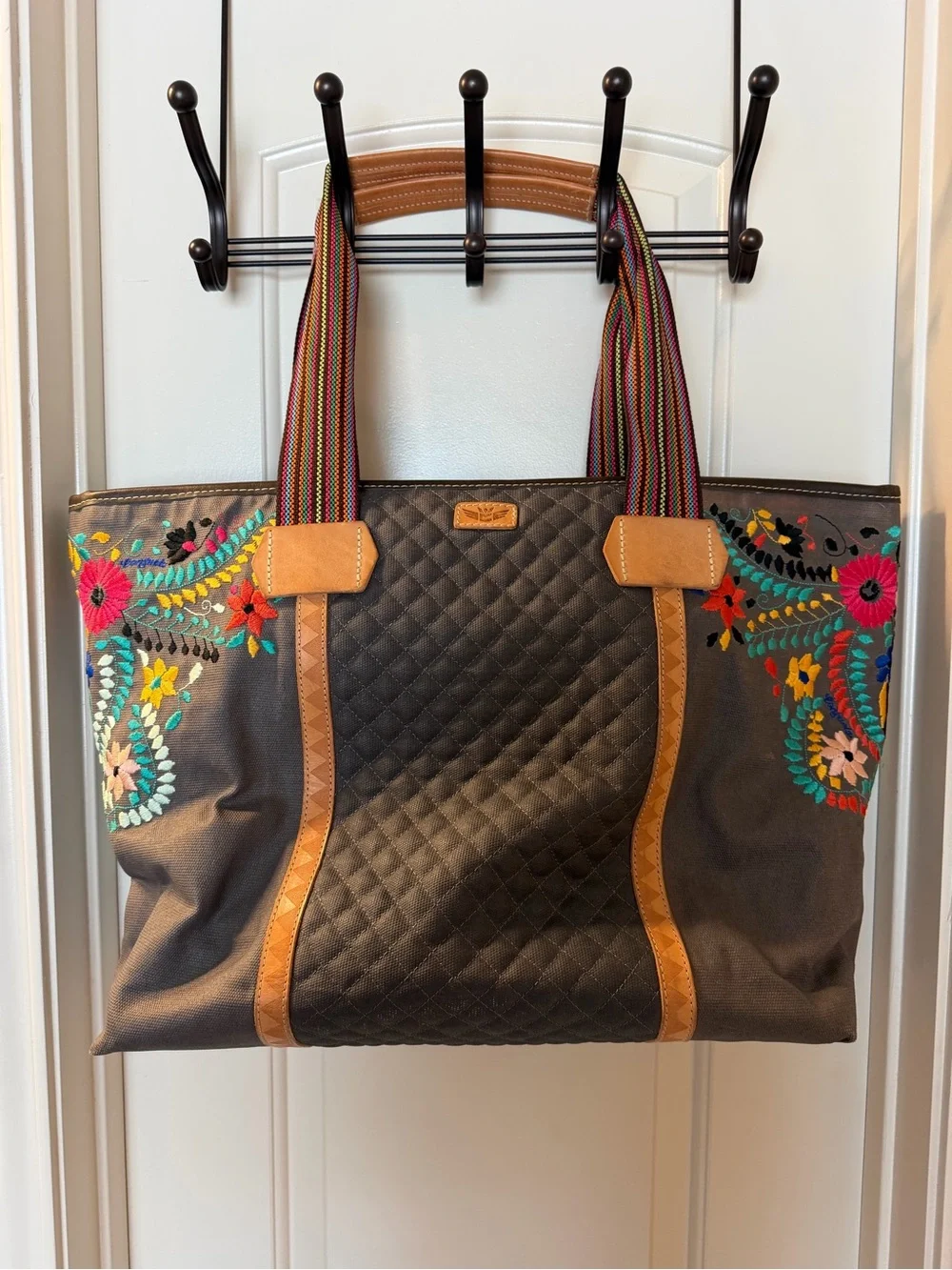 Consuela Grey Quilted Tote with Multicolor Floral Embroidery and Tan Trim